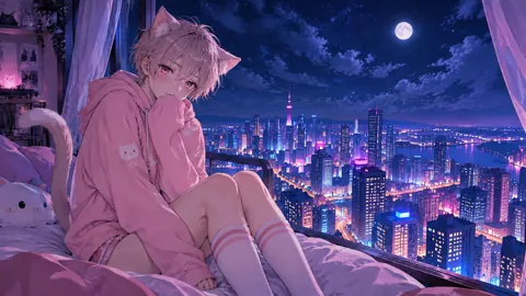 Cat-Eared Girl by Moonlit Window