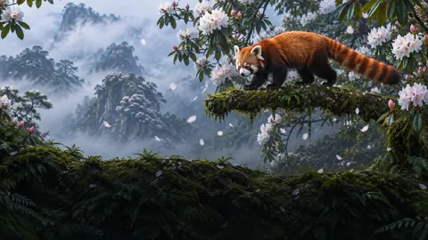 Red Panda on Mossy Branch