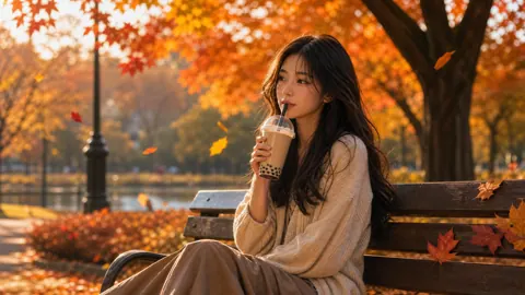 Woman Drinking Bubble Tea in Autumn Park