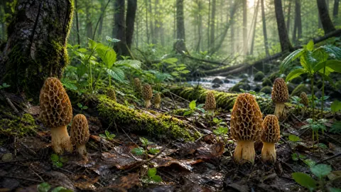 Morel Mushrooms by Forest Stream