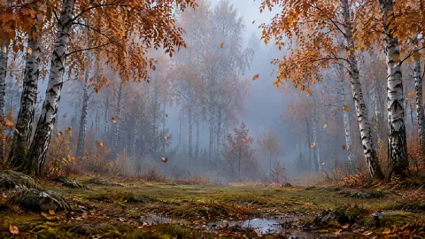 Autumn Birch Grove Fog