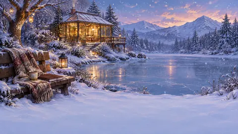 Snowy Tea House by Pond