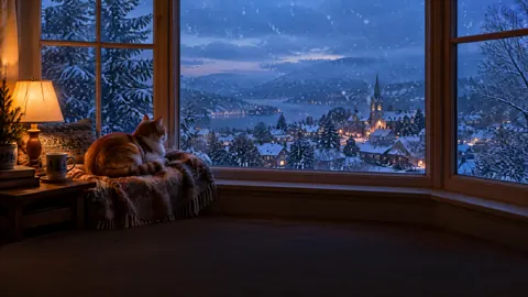 Cat by Snowy Bay Window