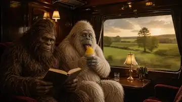 Sasquatch reading beside a yeti licking a bright yellow snow cone in a vintage train compartment, centered composition, warm golden lamplight, whimsical relaxed mood. live wallpaper