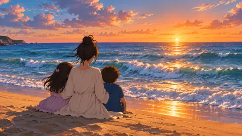 Mother and Children at Sunset
