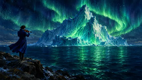 Violinist Beneath Emerald Auroras