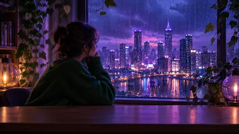 Woman by Rainy City Window