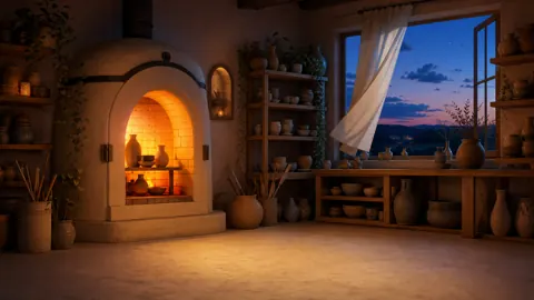 Glowing Kiln in Pottery Studio