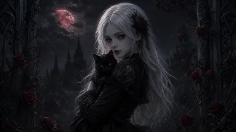 White-Haired Girl With Black Cat