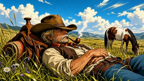 Cowboy Smoking Beside Piebald Horse