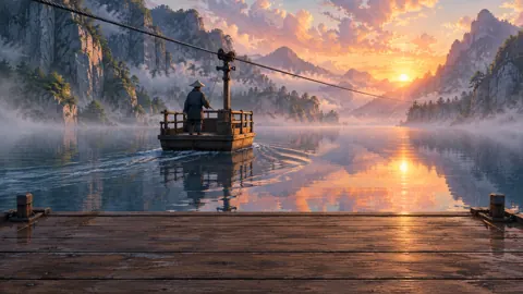 Ferryman Crossing Misty Mountain Lake