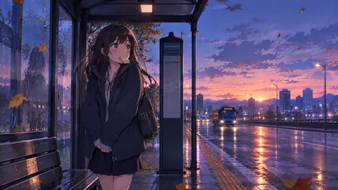 Schoolgirl at Rainy Bus Stop