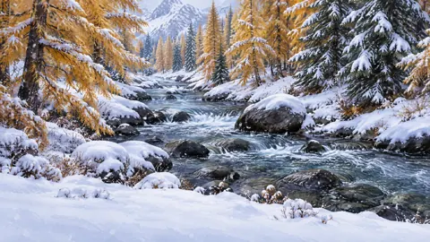 Snowy Stream Through Golden Larches