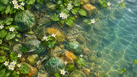 Silver Fish Over River Stones