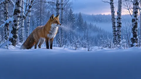 Red Fox in Birch Snow