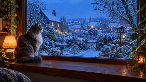 Cat Watching Snowy Garden
