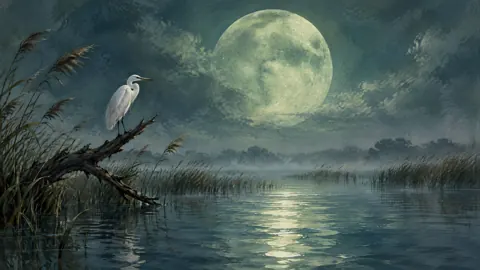 White Heron Under Jade Moon