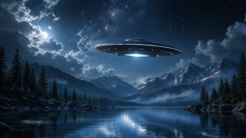 Flying Saucer Over Mountain Lake