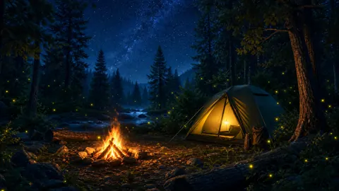 Glowing Tent by Rocky Stream