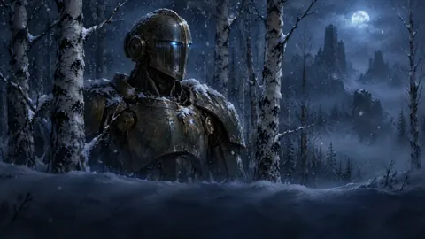 Bronze Knight in Snowy Birches