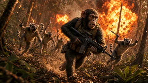 Chimpanzee Escaping Knife-Wielding Lemurs