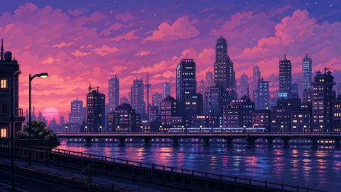 Pixel City Skyline at Sunset