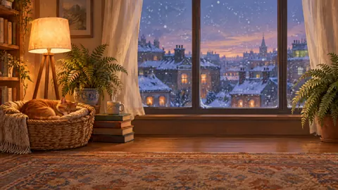 Ginger Cat by Snowy Window