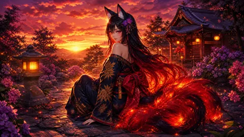 Kitsune Woman at Shrine Sunset