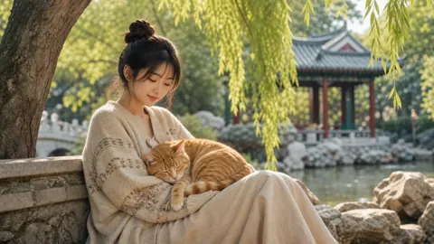 Chinese Woman With Ginger Cat