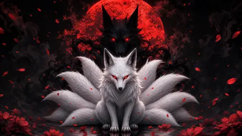 Nine-Tailed Kitsune and Black Wolf
