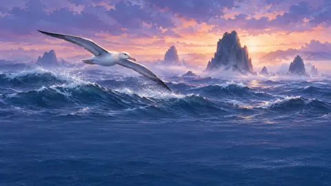 Albatross Over Misty Sea Stacks