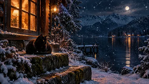 Black Cat by Moonlit Cabin