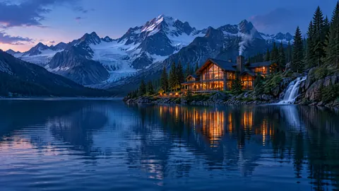 Alpine Lodge by Waterfall