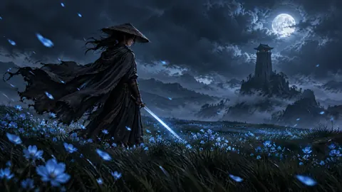 Cloaked Swordswoman Beneath Full Moon