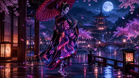 Robot Geisha with Crimson Umbrella