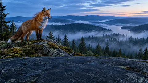 Red Fox Above Misty Lake