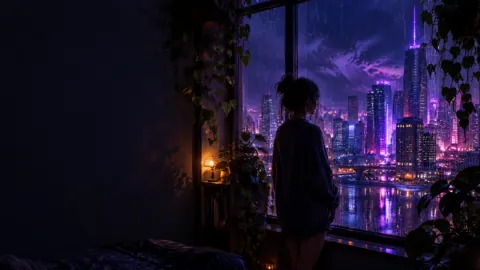 Sweater Figure Watching Neon Rain