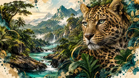 Leopard by Tropical Waterfalls