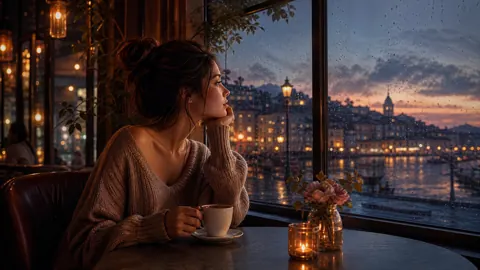 Woman With Coffee by Rainy Window