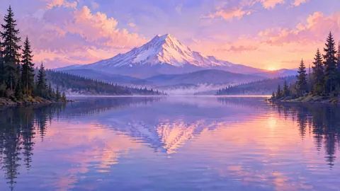 Volcano Reflected in Pine Lake
