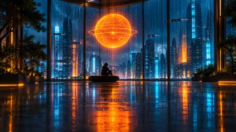 Figure in Neon Atrium
