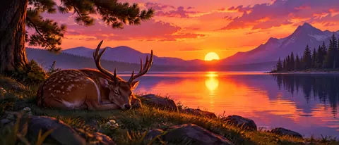 Sleeping Deer by Mountain Lake