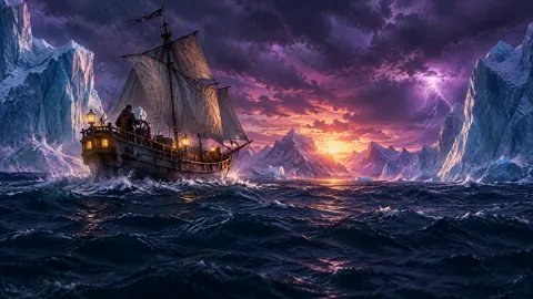 Lantern Ship Between Icebergs