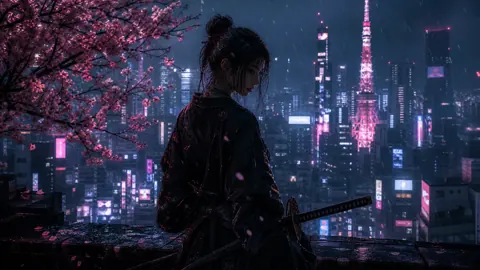Female Samurai on Tokyo Rooftop