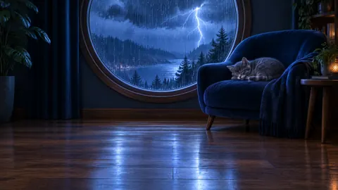 Sleeping Kitten by Rainy Window