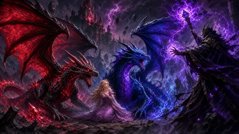 Dark Wizard and Dragons at Castle