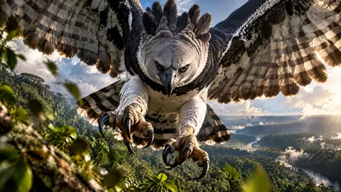 Harpy Diving Over Jungle River