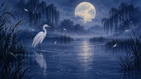 White Heron Under Full Moon
