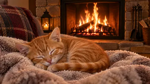 Sleeping Tabby by Fireplace
