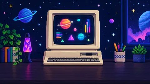 Vintage Computer With Pixel Planets